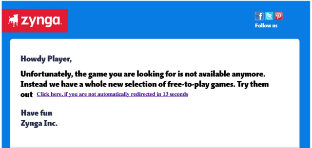 Zynga Shut Down Notice