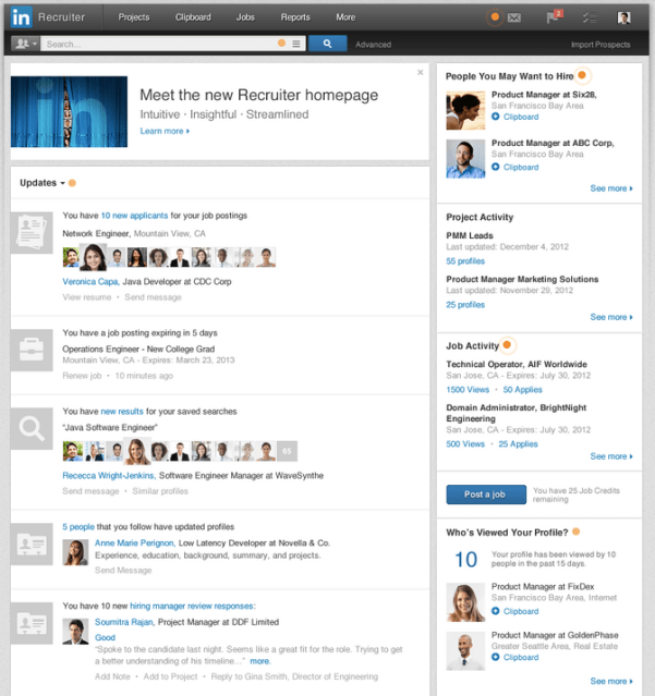 LinkedIn Recruiter new homepage