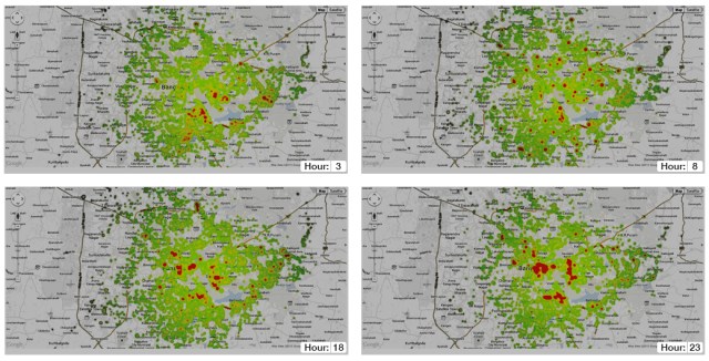 Heatmap of cab demand in Bangalore. The red areas show live cab bookings.