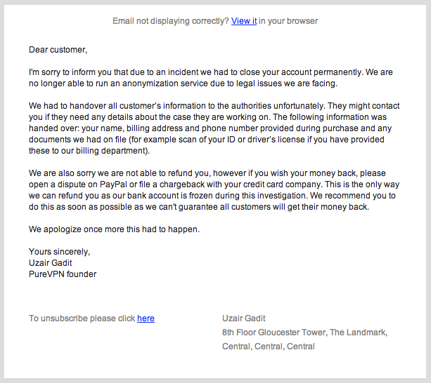 purevpn fake email