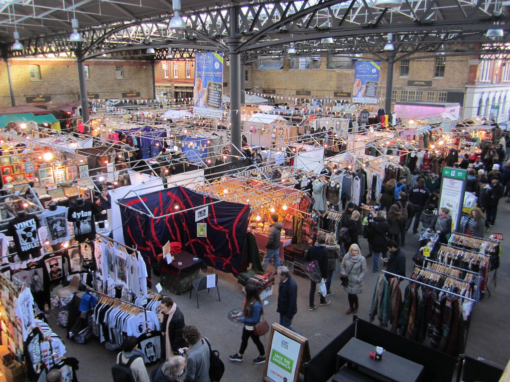 Overhead view of Marketplace stalls.