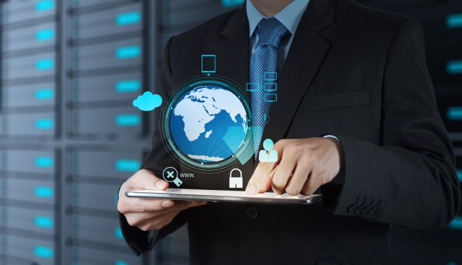 Man holding tablet with access to network illustrated by lock to show security.
