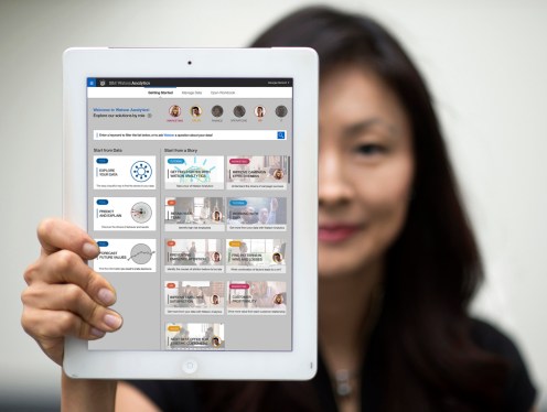Woman holding iPad displaying Watson Analytics app.