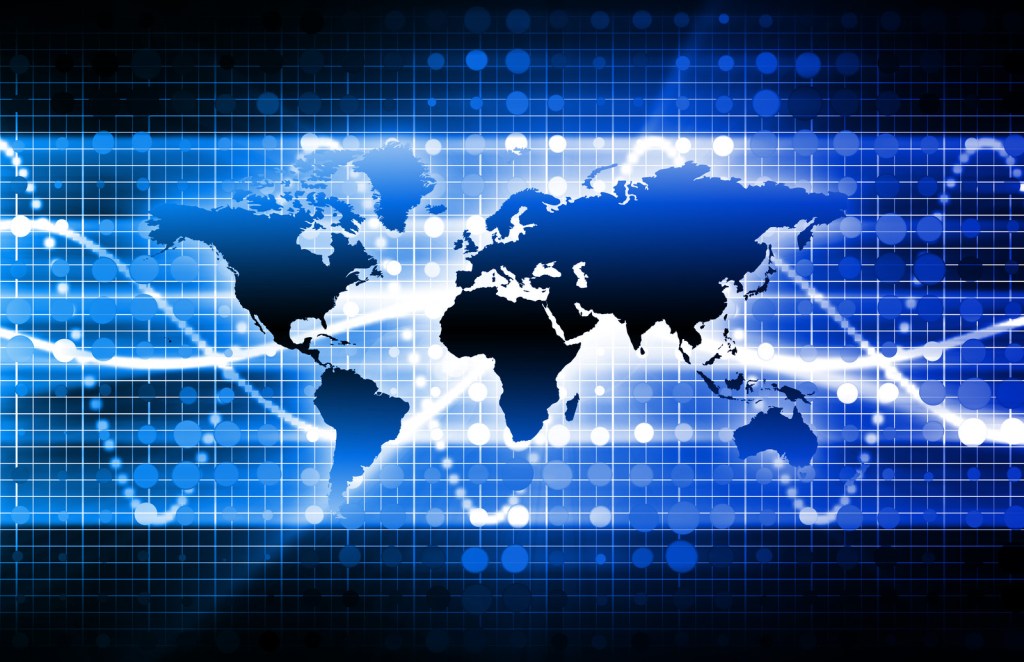 Map with data moving across the world