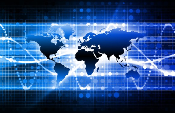 Map with data moving across the world