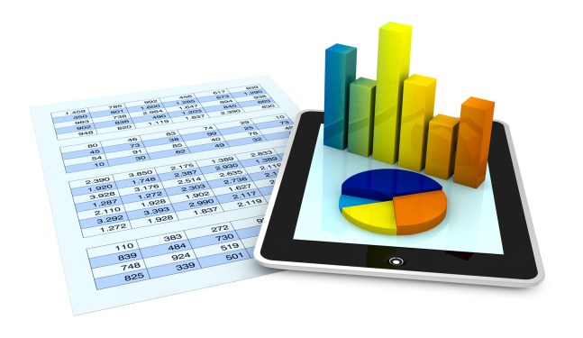 Spreadsheet and 3D chart coming out of tablet.