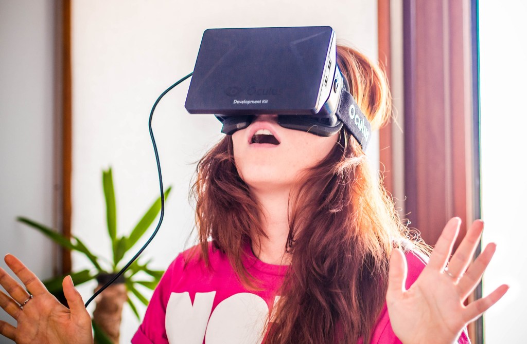 Woman wearing face computer.