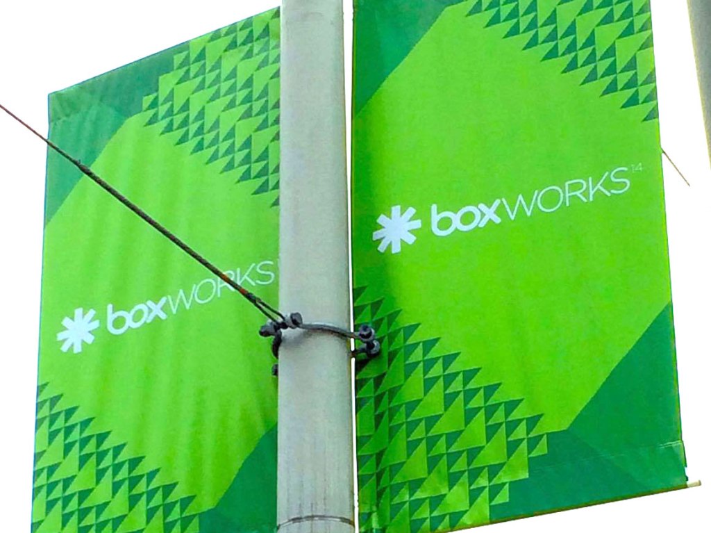 BoxWorks conference flags on light pole.