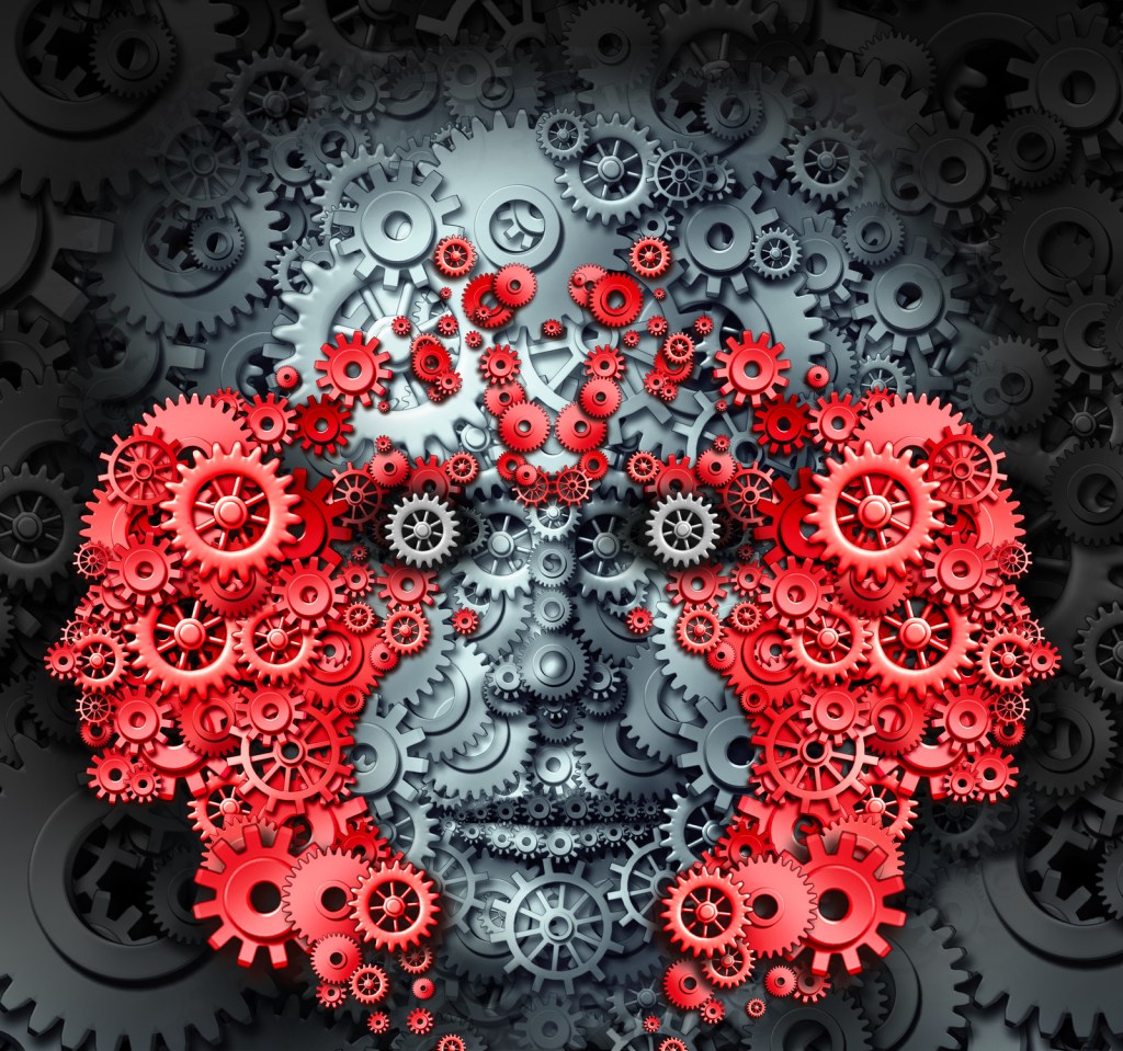 Face made of red and grey gears.
