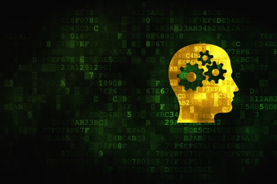 Head with gears over data background.