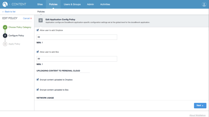 MobileIron Content Security Service configuration panel.