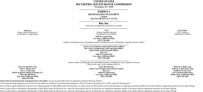 Front page of Box S-1 form.