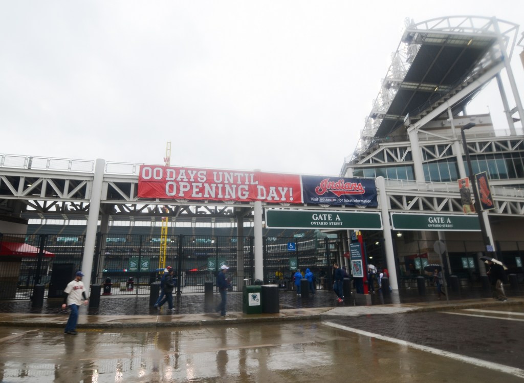 Sign in front of stadium in Cleveland that reads 00 days until opening day.