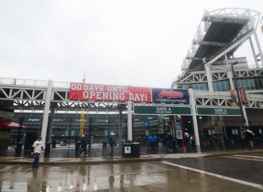 Sign in front of stadium in Cleveland that reads 00 days until opening day.
