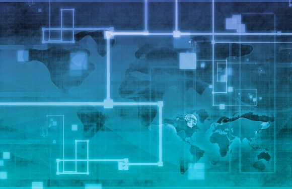 Concept image of sharing security threat information. World map showing connections.