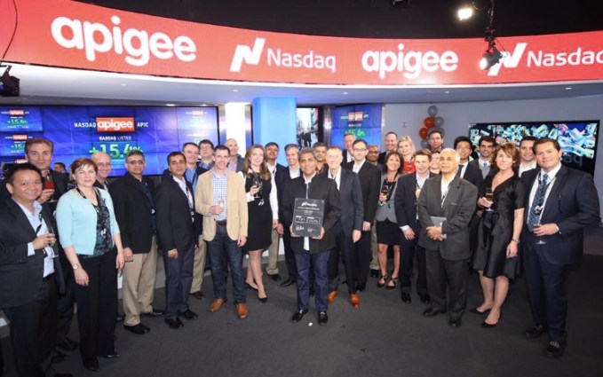 Apigee team poses at Nasdaq on IPO day.