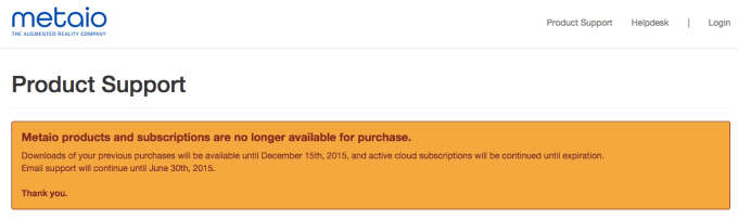 Notice on Metaio website that it's no longer accepting purchases.