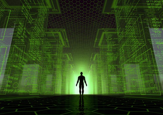 Man in middle of digital world.