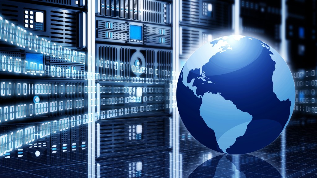 Data center with world in front of it to illustrate scale.
