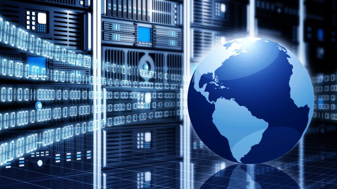 Data center with world in front of it to illustrate scale.