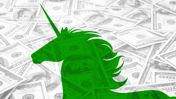green unicorn head overlay on splay of dollar bills