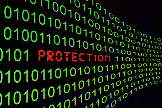 Zeros and ones in green with a red Protection in the midst of it.