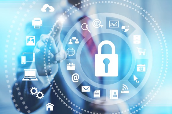 Concept with man looking at apps with lock in the middle to denote security.
