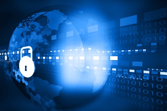 Concept picture with lock in front of screens to illustrate cyber security.