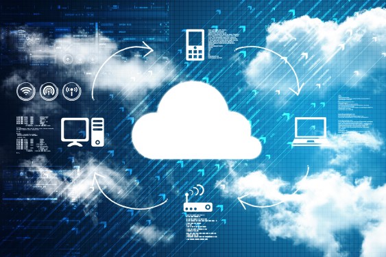 concept image showing laptop and mobile devices swirling around the cloud