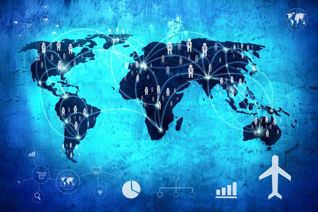World map showing a series of network connections.