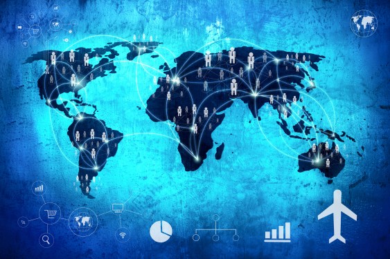 World map showing a series of network connections.