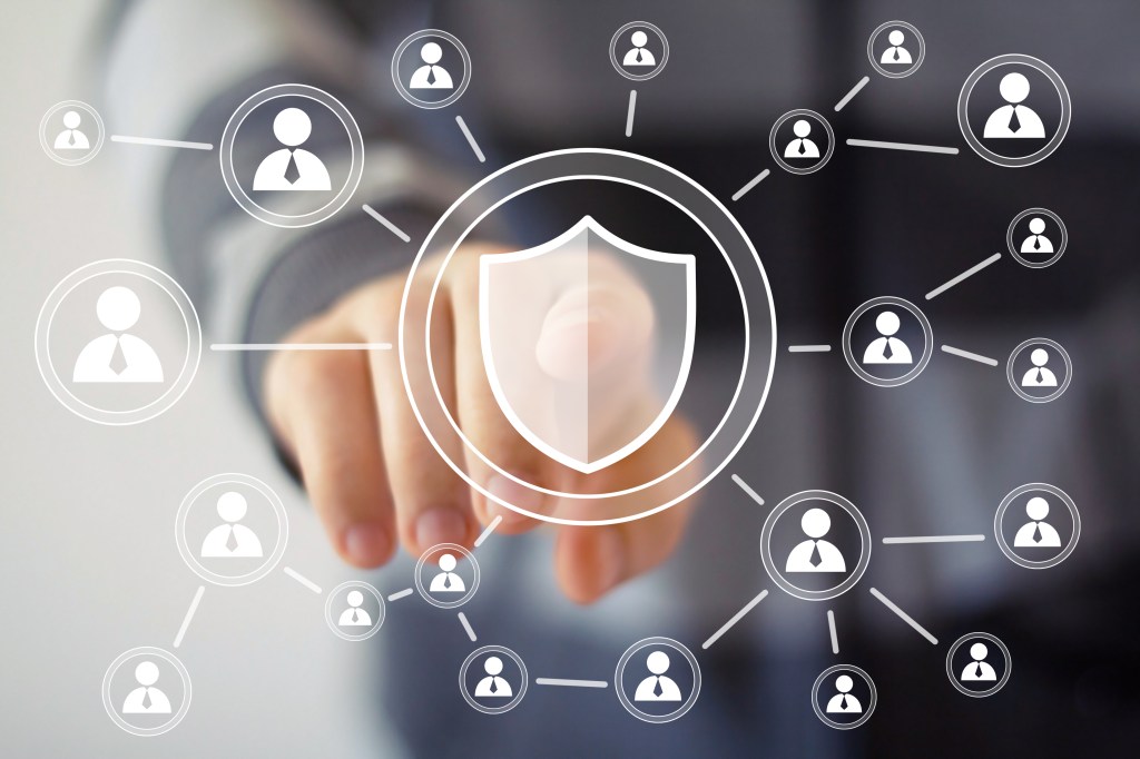 Secure communication diagram. Social network with shield in the middle.