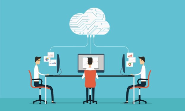 Drawing of 3 programmers connected to cloud.