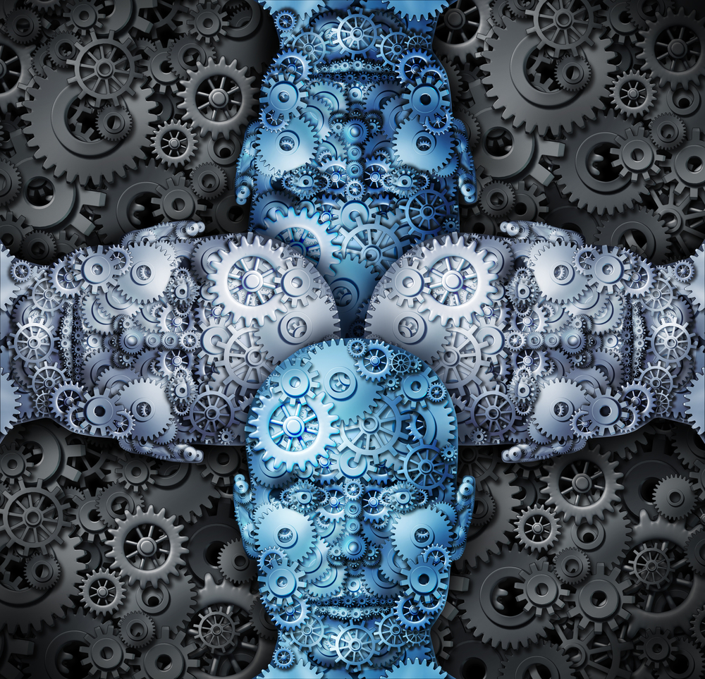 Industry cooperation and partnership working together as a team connecting their ideas to find successful unified solutions with human head shapes made of gears and cogs.