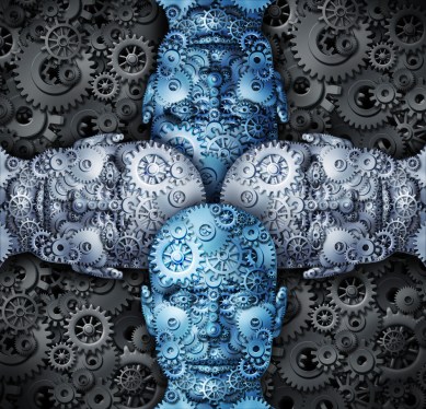 Industry cooperation and partnership working together as a team connecting their ideas to find successful unified solutions with human head shapes made of gears and cogs.