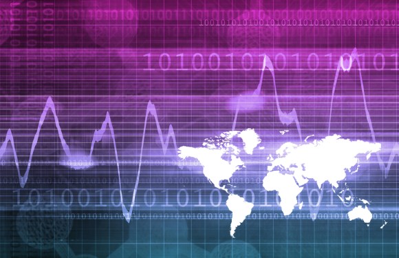 Big data analytics concept with world map, graph and zero and ones overlay.