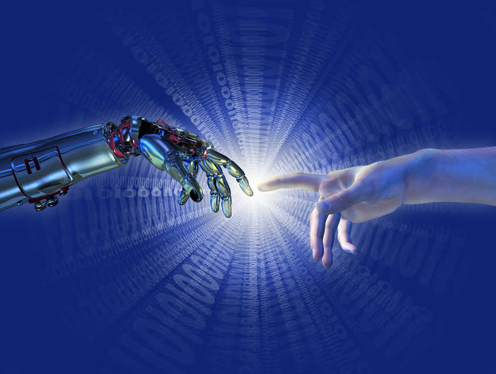 Robot finger touching a human finger of zeros and ones background.