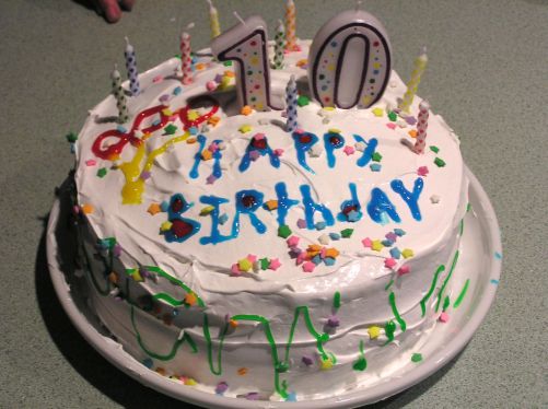 Tenth birthday cake with white frosting.