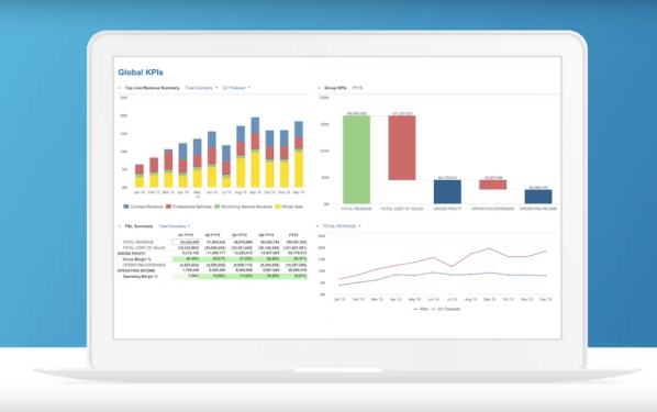 Financial planning and analysis software on a laptop screen.