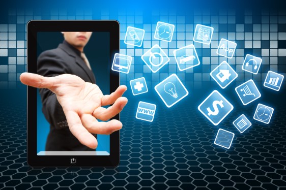 Businessman tossing apps out of a smartphone.