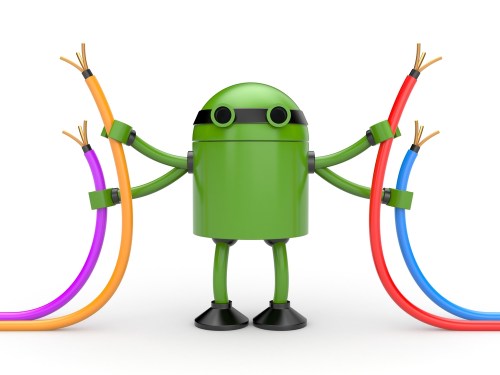 Green cartoon robot holding various colored wires.