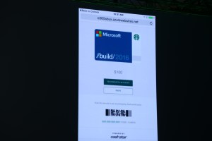 A Starbucks and Outlook demo. Finally! A Windows 10 device! Oh, wait, no. 