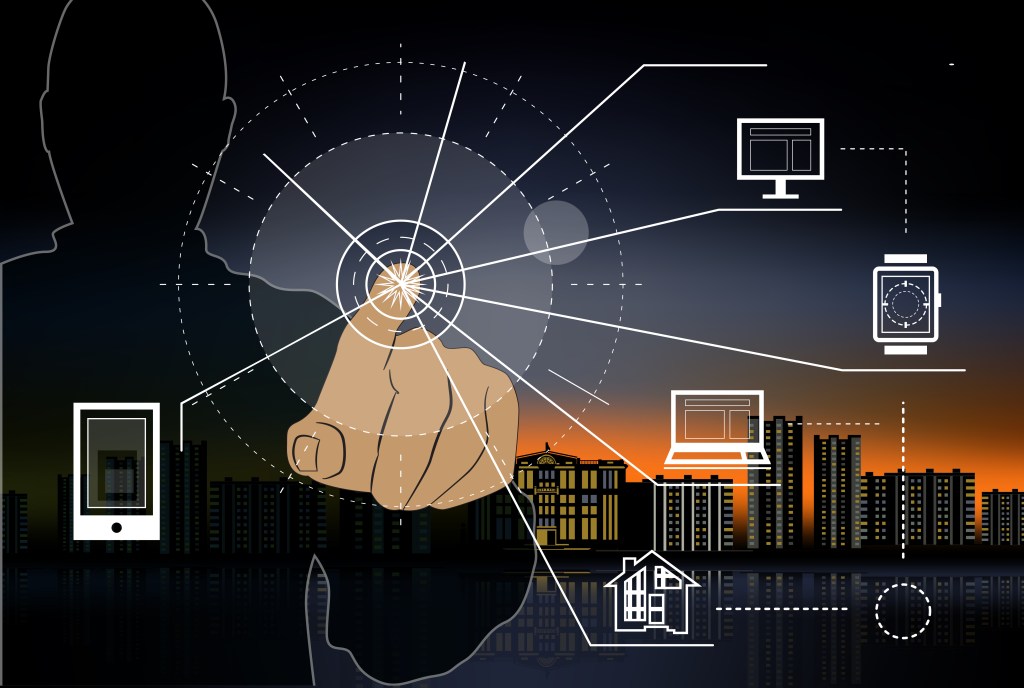 illustration of finger pointing, with lines extending to multiple IOT devices; city skyline at night in the background
