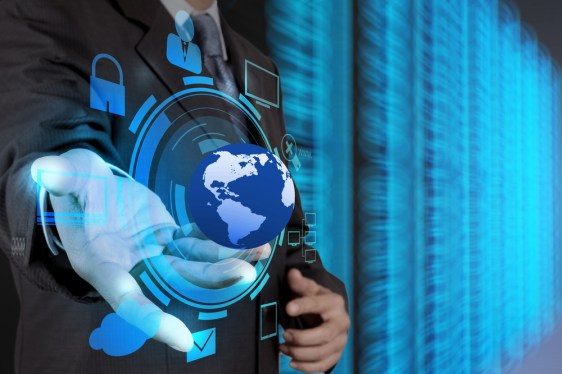 Business man working with a secure cloud network on a giant touch screen.