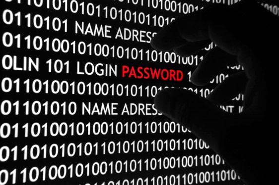 Black gloved hand grabbing red password from field of white zeros and ones to illustrate credential stealing.