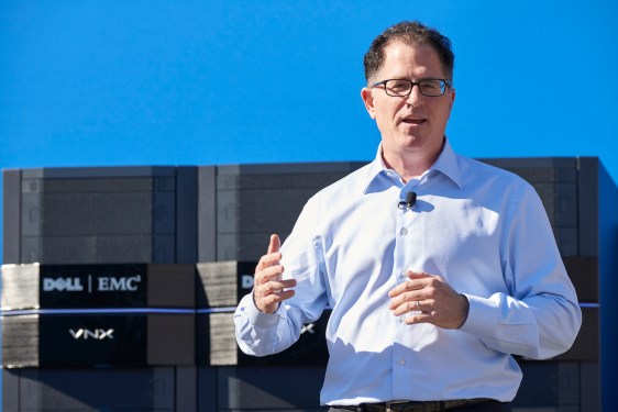 Michael Dell in front of a Dell-EMC mainframe.