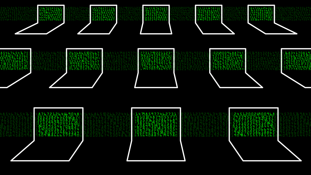 render of laptops displaying green data/code