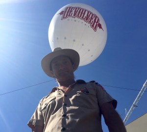 Wilson at the Devolver trailer park outside E3.