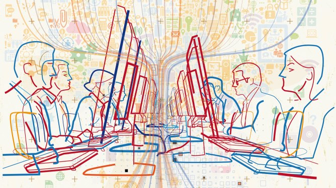graphic render of rows of office workers working on computers with data streaming