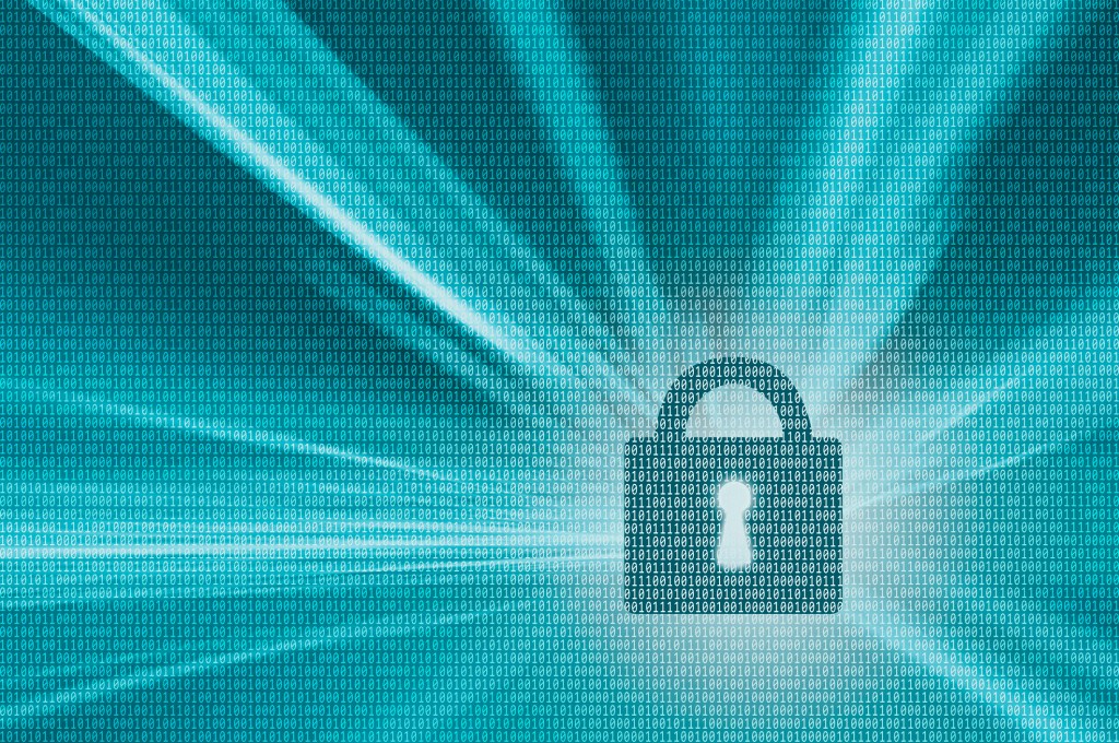 Padlock over binary background.